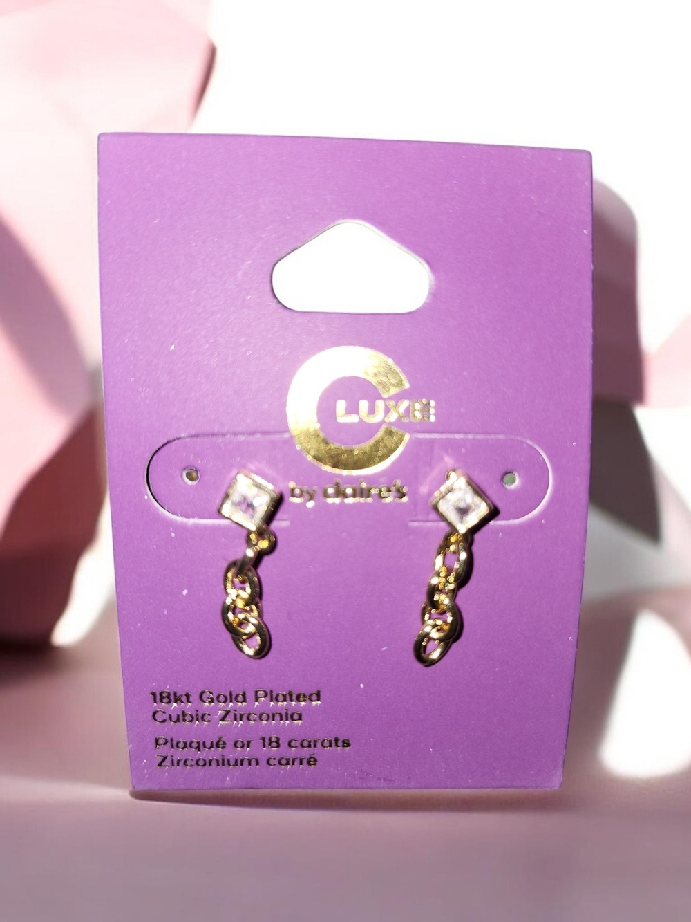 Claire's Gold-Plated Chain Drop Earrings with Clear Stones - Purple Card
